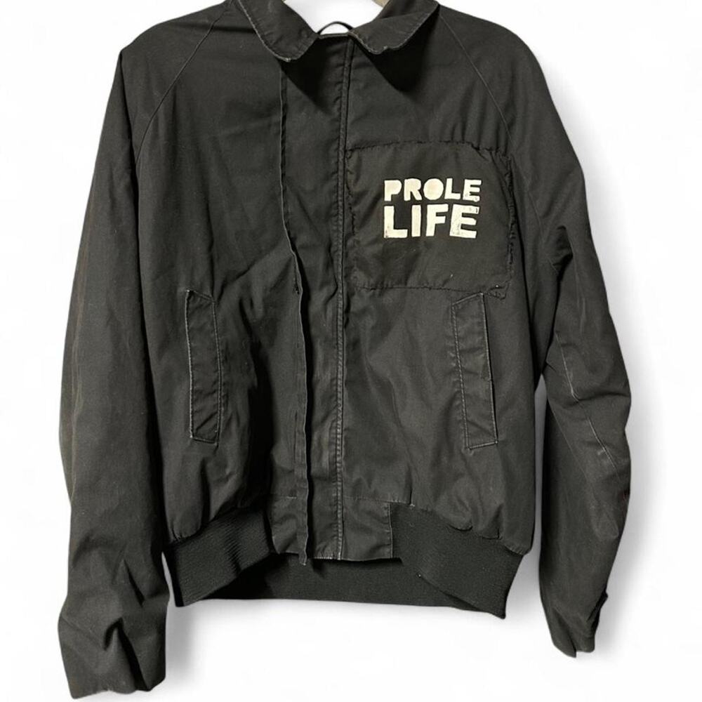 Custom small vintage black mechanic chore jacket w Prole Life and geese patch